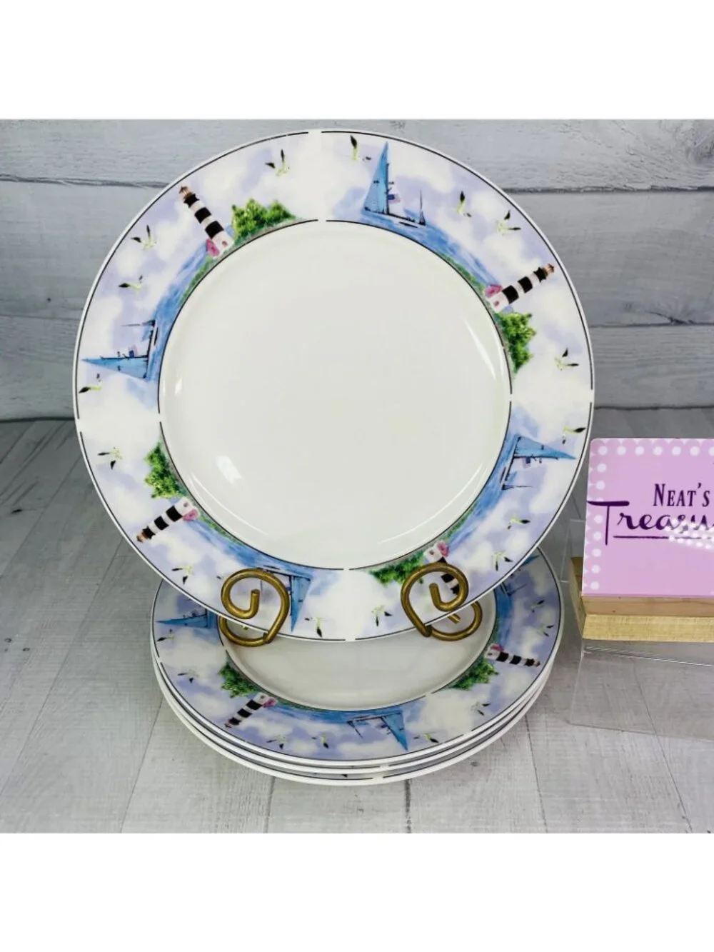 Thomson Pottery LIGHTHOUSE Birds Boats Coastal Stoneware Dinner Plates Set of 4